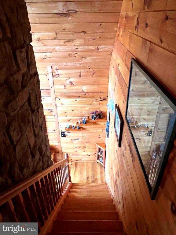 staircase with hardwood / wood-style flooring and wooden walls