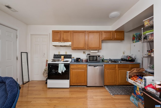 1122 Preston Ave Unit A-B, Charlottesville, VA 22903 - kitchen featuring appliances with stainless steel finishes, under cabinet range hood, a sink, light wood finished floors, and brown cabinetry