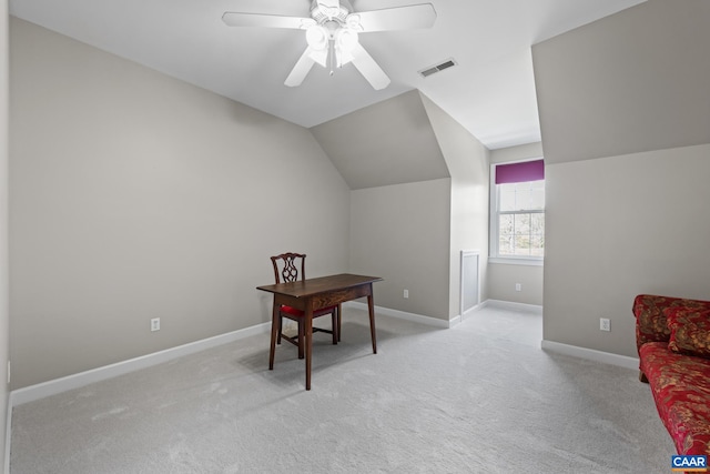 1972 Sclaters Ford Rd, Palmyra, VA 22963 - office space with light carpet, vaulted ceiling, baseboards, and a ceiling fan
