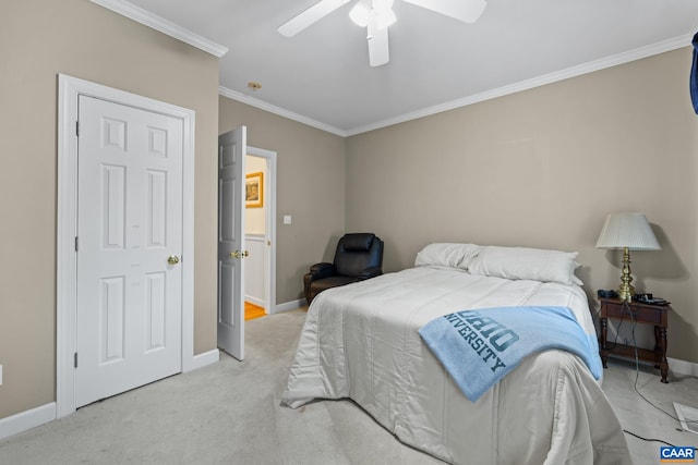 1972 Sclaters Ford Rd, Palmyra, VA 22963 - bedroom featuring light colored carpet, ornamental molding, baseboards, and ceiling fan