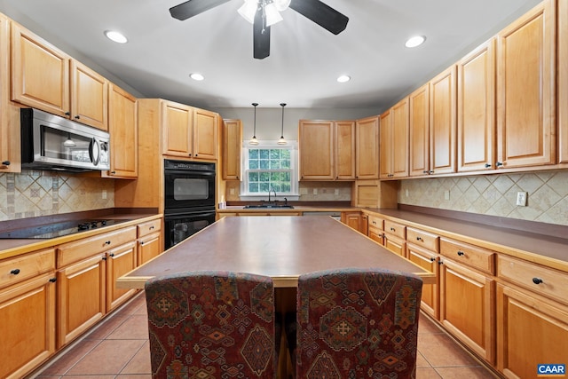 1972 Sclaters Ford Rd, Palmyra, VA 22963 - kitchen featuring black appliances, light tile patterned floors, ceiling fan, light brown cabinetry, and recessed lighting