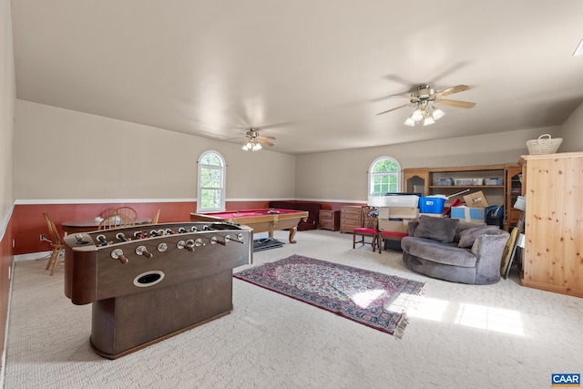 1972 Sclaters Ford Rd, Palmyra, VA 22963 - playroom with healthy amount of natural light, a ceiling fan, carpet flooring, pool table, and a wainscoted wall