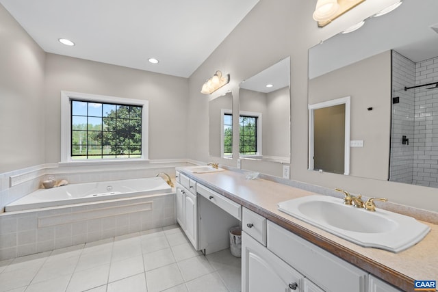 1972 Sclaters Ford Rd, Palmyra, VA 22963 - full bathroom with plenty of natural light, tile patterned floors, a garden tub, a tile shower, and recessed lighting