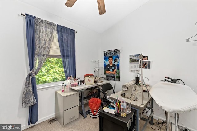 9814 Dominion Forest Cir, Fredericksburg, VA 22408 - office space with baseboards, ceiling fan, and lofted ceiling