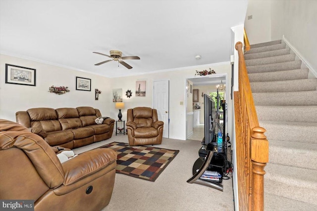 9814 Dominion Forest Cir, Fredericksburg, VA 22408 - living room with stairway, ceiling fan, ornamental molding, and carpet
