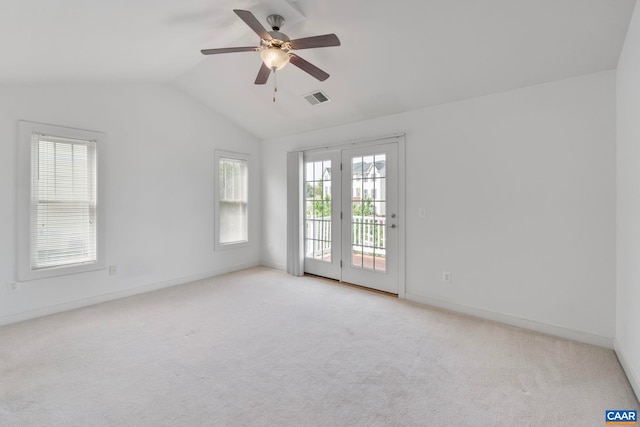 2153 Saranac Ct, Charlottesville, VA 22911 - unfurnished room featuring a ceiling fan, baseboards, visible vents, vaulted ceiling, and light carpet
