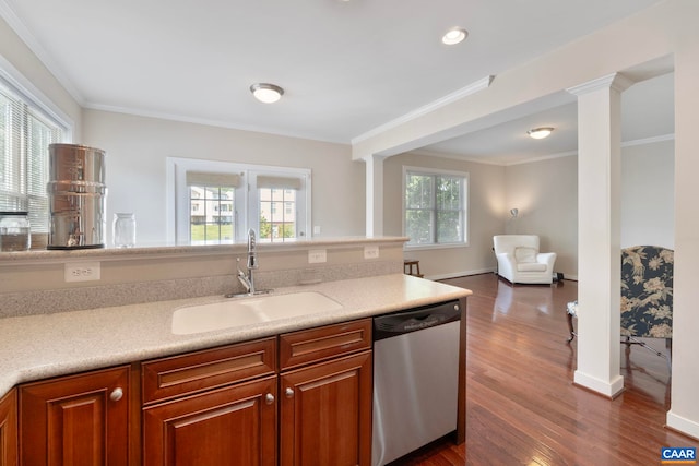 2153 Saranac Ct, Charlottesville, VA 22911 - kitchen with open floor plan, a sink, stainless steel dishwasher, and dark wood-type flooring