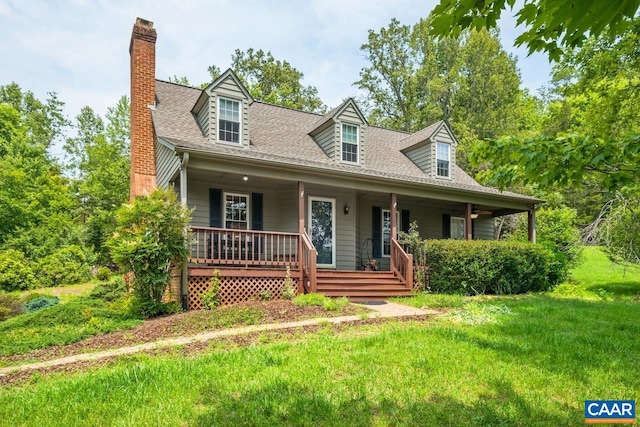 168 Lakeland Ln, Faber, VA 22938 - new england style home featuring a front yard, a chimney, covered porch, and a shingled roof