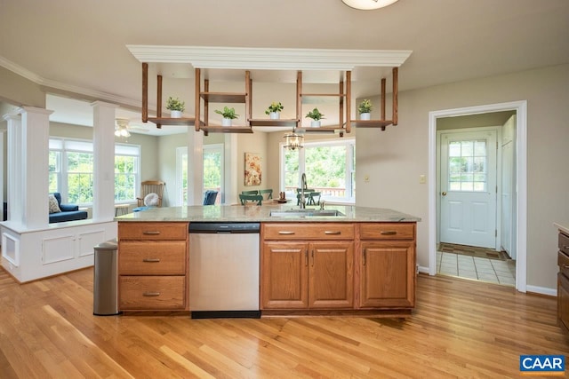 168 Lakeland Ln, Faber, VA 22938 - kitchen featuring stainless steel dishwasher, light wood-style floors, open shelves, healthy amount of natural light, and crown molding