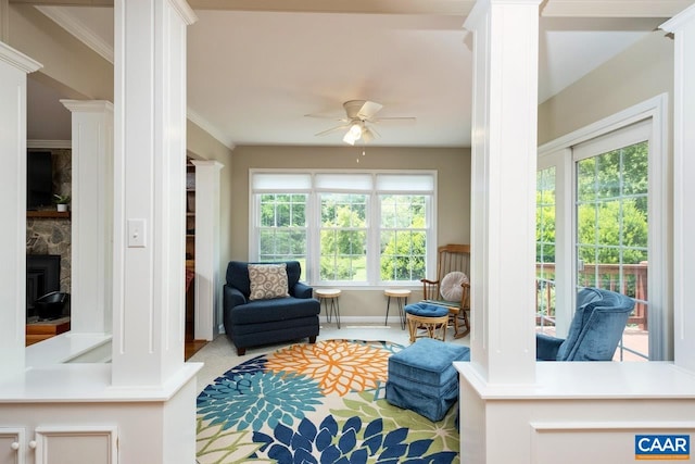 168 Lakeland Ln, Faber, VA 22938 - living area with ceiling fan, ornamental molding, and decorative columns
