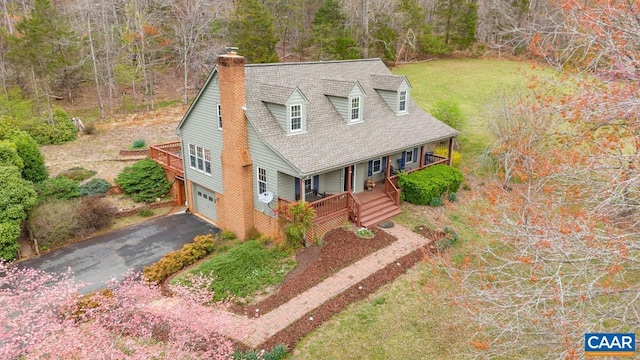 168 Lakeland Ln, Faber, VA 22938 - cape cod house with a porch, a chimney, driveway, a garage, and roof with shingles