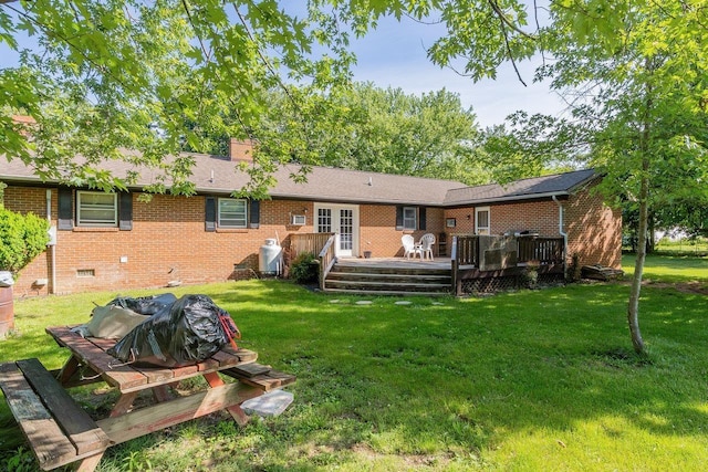 9274 Spotswood Trl, Mcgaheysville, VA 22840 - rear view of property featuring brick siding, a yard, a wooden deck, and crawl space