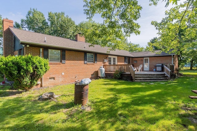 9274 Spotswood Trl, Mcgaheysville, VA 22840 - back of property featuring a chimney, brick siding, a lawn, and a deck