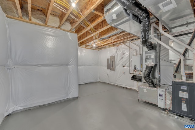 unfinished below grade area with electric panel and visible vents