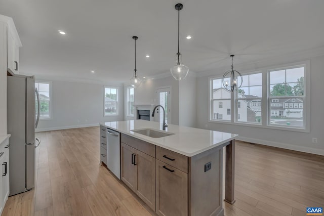 kitchen with crown molding, appliances with stainless steel finishes, light wood-style floors, and a sink