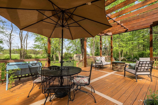 1763 Red Top Orchard Rd, Waynesboro, VA 22980 - deck with outdoor dining area, a pergola, and an outdoor living space with a fire pit