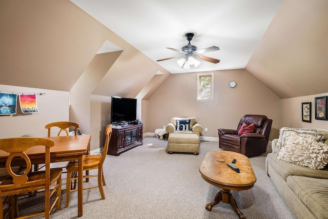 1763 Red Top Orchard Rd, Waynesboro, VA 22980 - living area with light carpet, vaulted ceiling, a ceiling fan, and baseboards