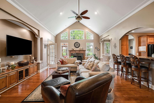 1763 Red Top Orchard Rd, Waynesboro, VA 22980 - living area with a ceiling fan, dark wood-type flooring, high vaulted ceiling, decorative columns, and a high end fireplace