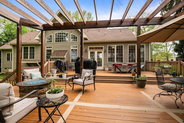 1763 Red Top Orchard Rd, Waynesboro, VA 22980 - wooden deck with an outdoor living space with a fire pit and a pergola