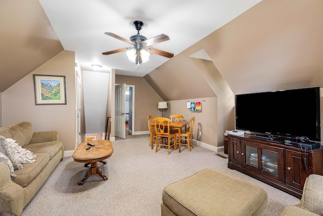 1763 Red Top Orchard Rd, Waynesboro, VA 22980 - living room with light carpet, baseboards, ceiling fan, and vaulted ceiling