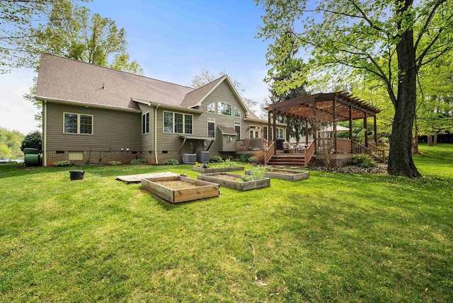1763 Red Top Orchard Rd, Waynesboro, VA 22980 - back of house featuring crawl space, a pergola, a vegetable garden, a deck, and a lawn