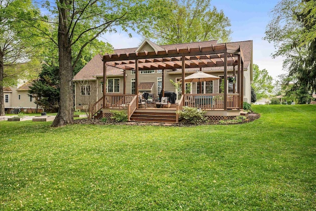 1763 Red Top Orchard Rd, Waynesboro, VA 22980 - back of house with a pergola, a wooden deck, and a lawn
