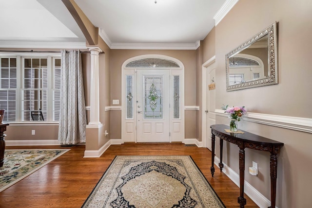 1763 Red Top Orchard Rd, Waynesboro, VA 22980 - foyer entrance featuring decorative columns, wood finished floors, ornamental molding, and baseboards