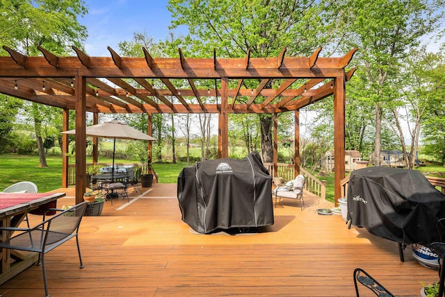 1763 Red Top Orchard Rd, Waynesboro, VA 22980 - wooden terrace featuring outdoor dining area, a pergola, and area for grilling