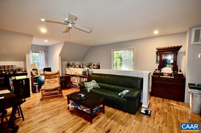 1895 Westview Rd, Charlottesville, VA 22903 - living room featuring light wood-type flooring, a ceiling fan, healthy amount of natural light, recessed lighting, and lofted ceiling