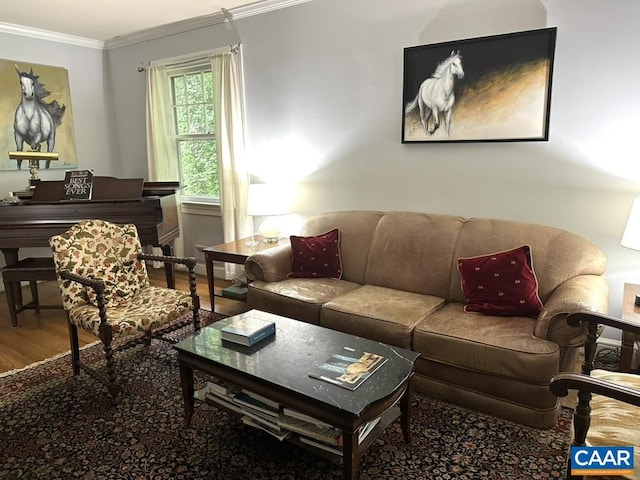 living area with ornamental molding and wood finished floors
