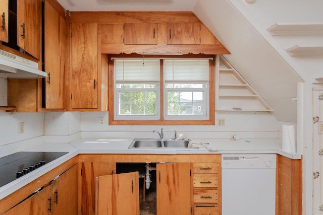 1221 Keezletown Rd, Weyers Cave, VA 24486 - kitchen with dishwasher, light countertops, brown cabinets, black electric cooktop, and under cabinet range hood