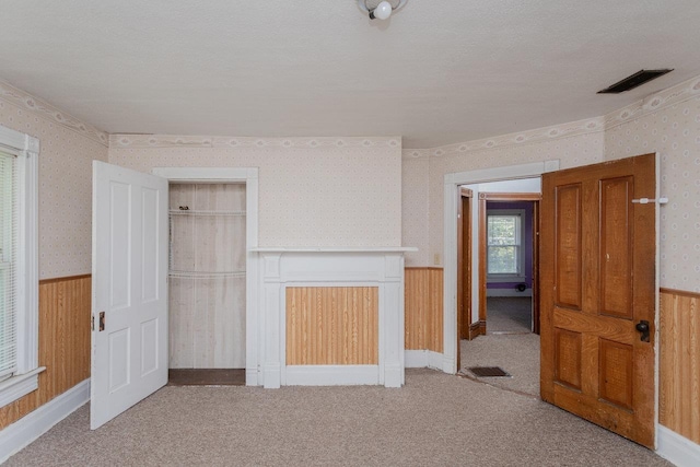 1221 Keezletown Rd, Weyers Cave, VA 24486 - unfurnished bedroom with wallpapered walls, a wainscoted wall, carpet, a closet, and wooden walls