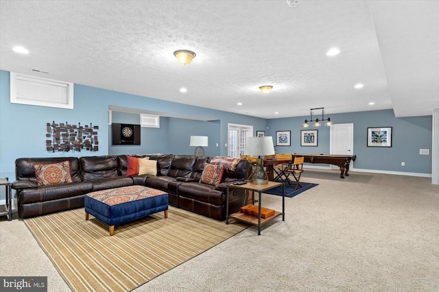 11135 Vanderbilt Cv, Spotsylvania, VA 22551 - living room featuring carpet flooring, recessed lighting, billiards, baseboards, and a textured ceiling