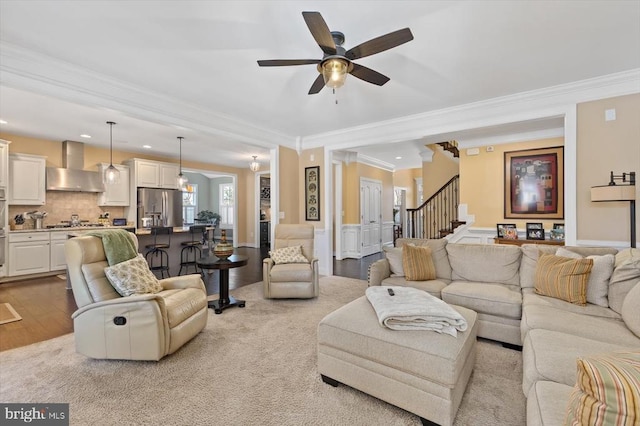 11135 Vanderbilt Cv, Spotsylvania, VA 22551 - living area featuring ornamental molding, ceiling fan, stairway, recessed lighting, and wood finished floors