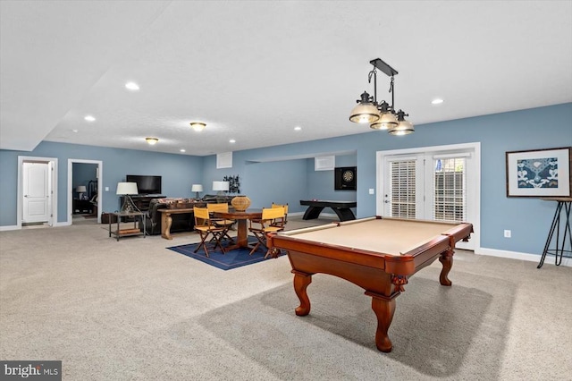 11135 Vanderbilt Cv, Spotsylvania, VA 22551 - recreation room featuring recessed lighting, light carpet, baseboards, pool table, and french doors