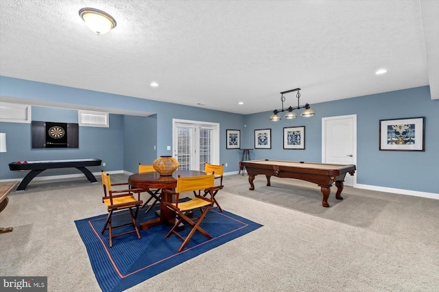 11135 Vanderbilt Cv, Spotsylvania, VA 22551 - rec room featuring carpet floors, a textured ceiling, billiards, baseboards, and recessed lighting