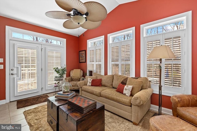 11135 Vanderbilt Cv, Spotsylvania, VA 22551 - tiled living room with a ceiling fan, baseboards, and lofted ceiling