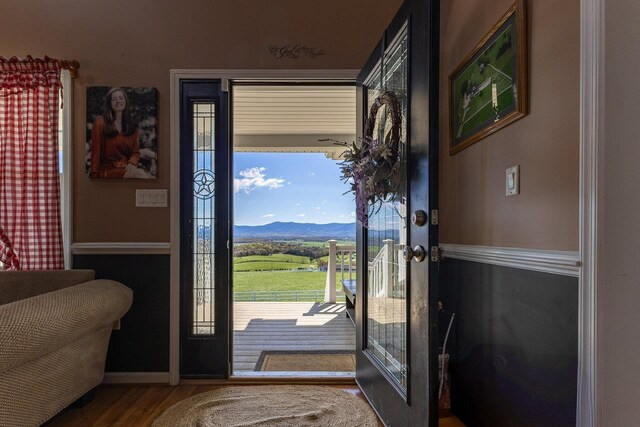 796 Battlecreek Rd, Stanley, VA 22851 - foyer entrance with baseboards, a mountain view, and wood finished floors
