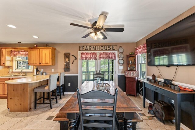 796 Battlecreek Rd, Stanley, VA 22851 - dining room featuring a ceiling fan, light tile patterned floors, and recessed lighting