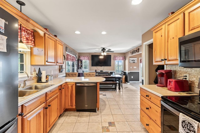 796 Battlecreek Rd, Stanley, VA 22851 - kitchen with stainless steel appliances, a sink, a peninsula, decorative backsplash, and light countertops