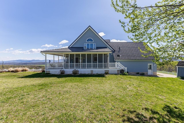 796 Battlecreek Rd, Stanley, VA 22851 - back of house with a yard, a sunroom, a tile roof, and a mountain view
