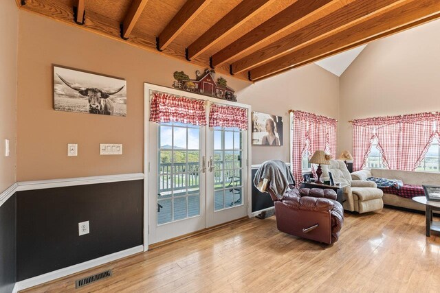 796 Battlecreek Rd, Stanley, VA 22851 - living area with french doors, visible vents, high vaulted ceiling, wood finished floors, and beamed ceiling