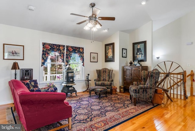 15103 Jenkins Hill Ln, Culpeper, VA 22701 - living room featuring wood finished floors, vaulted ceiling, a ceiling fan, and baseboards