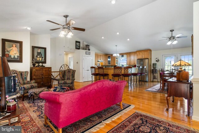 15103 Jenkins Hill Ln, Culpeper, VA 22701 - living room featuring ceiling fan, light wood-style floors, recessed lighting, and high vaulted ceiling