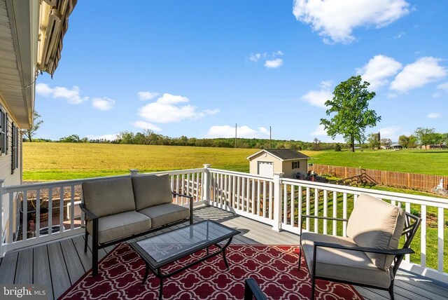 15103 Jenkins Hill Ln, Culpeper, VA 22701 - wooden terrace featuring an outdoor living space, a view of rural / pastoral area, a storage unit, and an outdoor structure