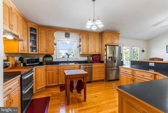 15103 Jenkins Hill Ln, Culpeper, VA 22701 - kitchen with appliances with stainless steel finishes, a sink, under cabinet range hood, dark countertops, and vaulted ceiling