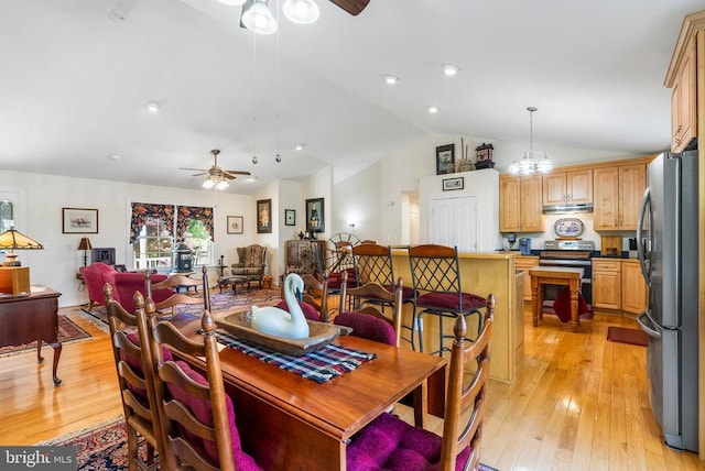 15103 Jenkins Hill Ln, Culpeper, VA 22701 - dining space with ceiling fan, lofted ceiling, and light wood-style floors