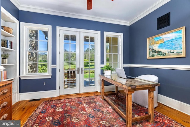  - office space with ceiling fan, wood finished floors, french doors, crown molding, and baseboards