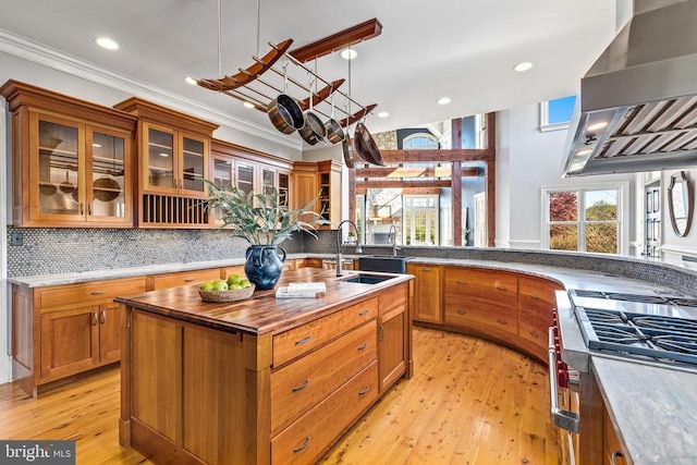  - kitchen featuring wall chimney exhaust hood, a sink, an island with sink, brown cabinets, and light wood-style flooring