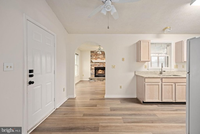 11810 Falcon Ridge Dr, Fredericksburg, VA 22407 - kitchen featuring ceiling fan, freestanding refrigerator, light wood-style flooring, and plenty of natural light